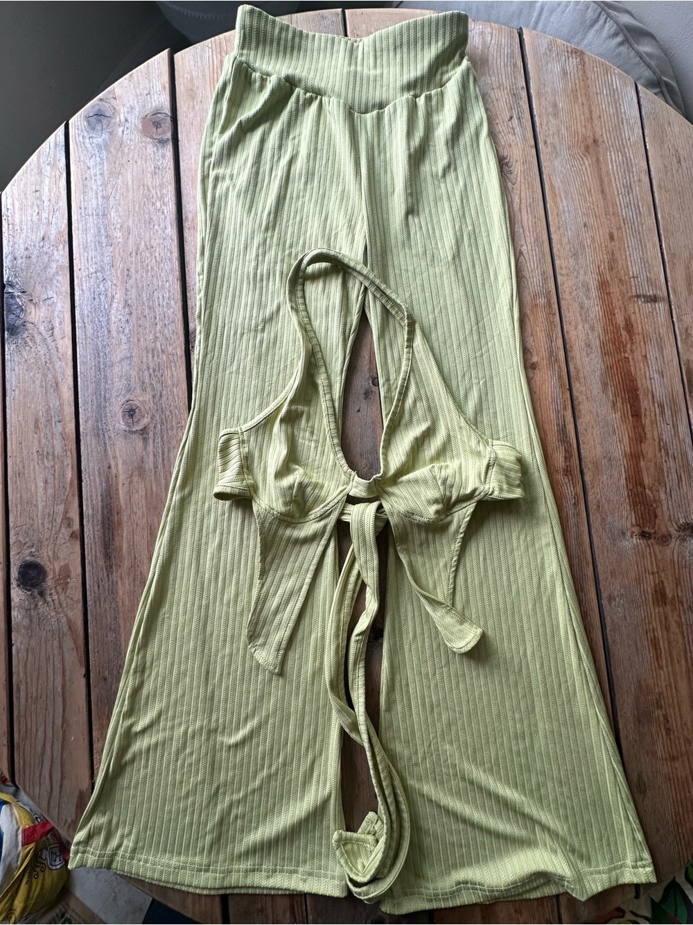 Light Green Ribbed Wide-Leg Pant and Top Set